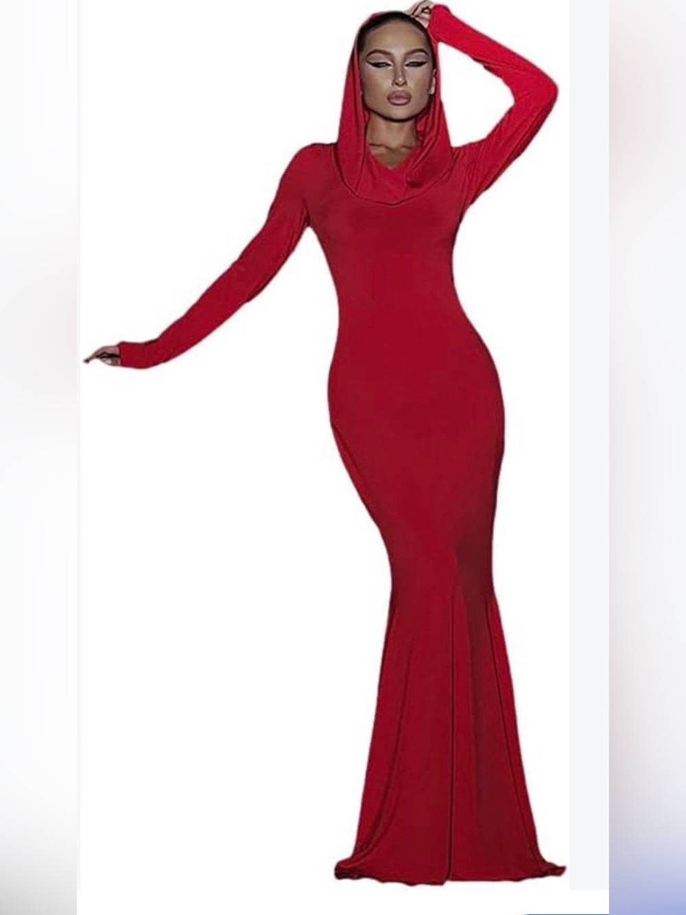 Red Long Sleeve Hooded Mermaid Gown